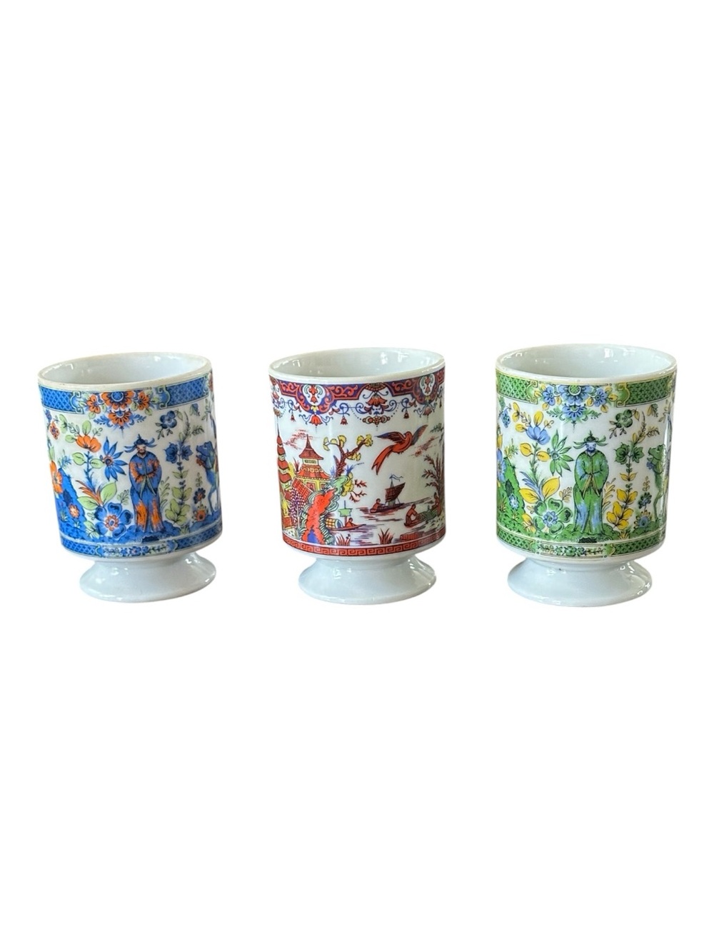 Set of 3 Vintage Pedestal Coffee/Tea Mugs from Japan (Blue, Red, Green)